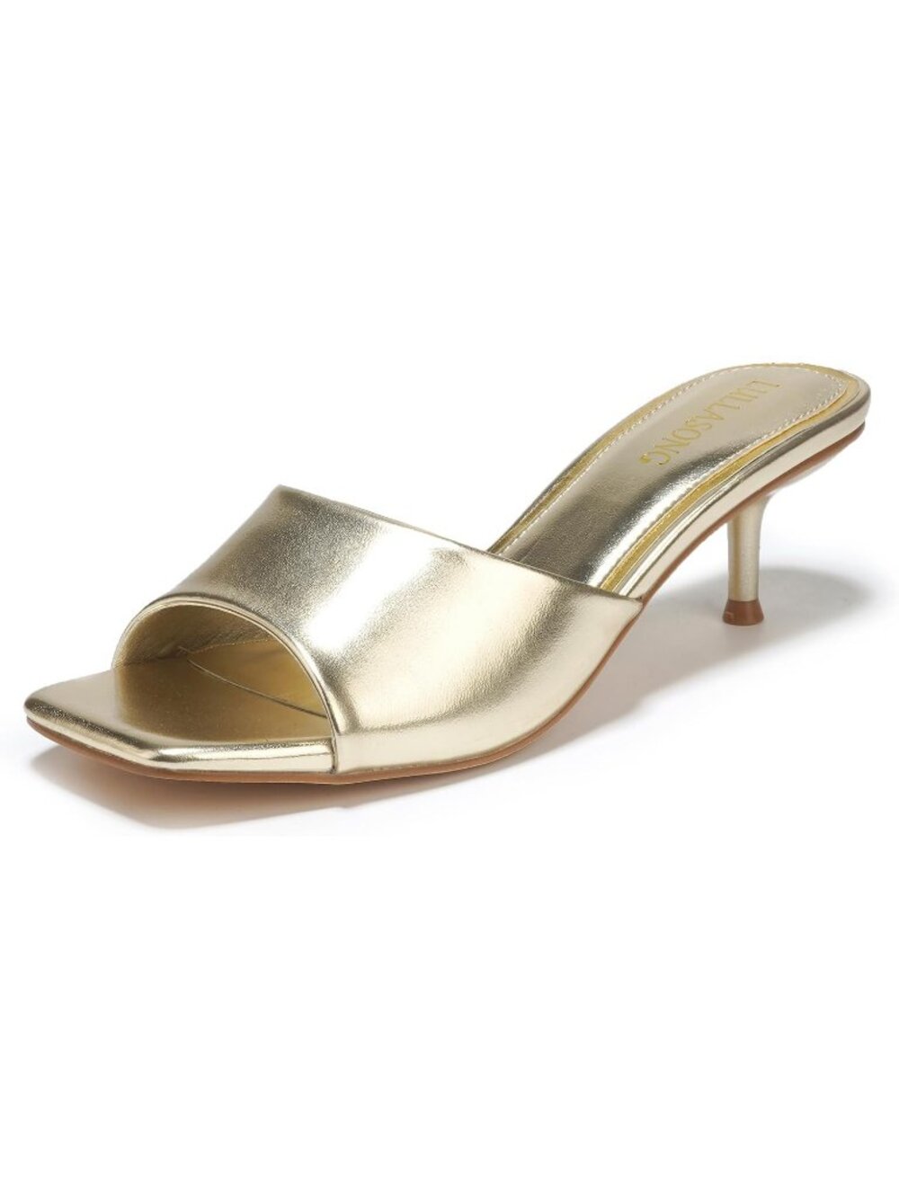 Women's Gold Faux Leather Square Open Toe Low Heel Slip On 2 Inch Heeled Sandal